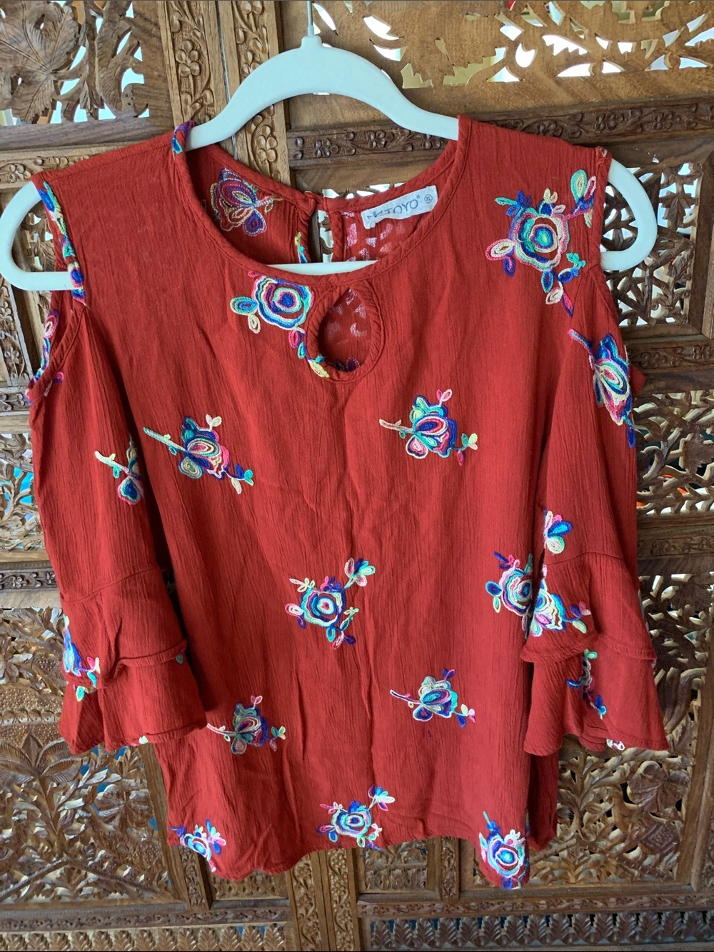 Embroidered Cold-Shoulder Rust Red Blouse with Ruffled Sleeves